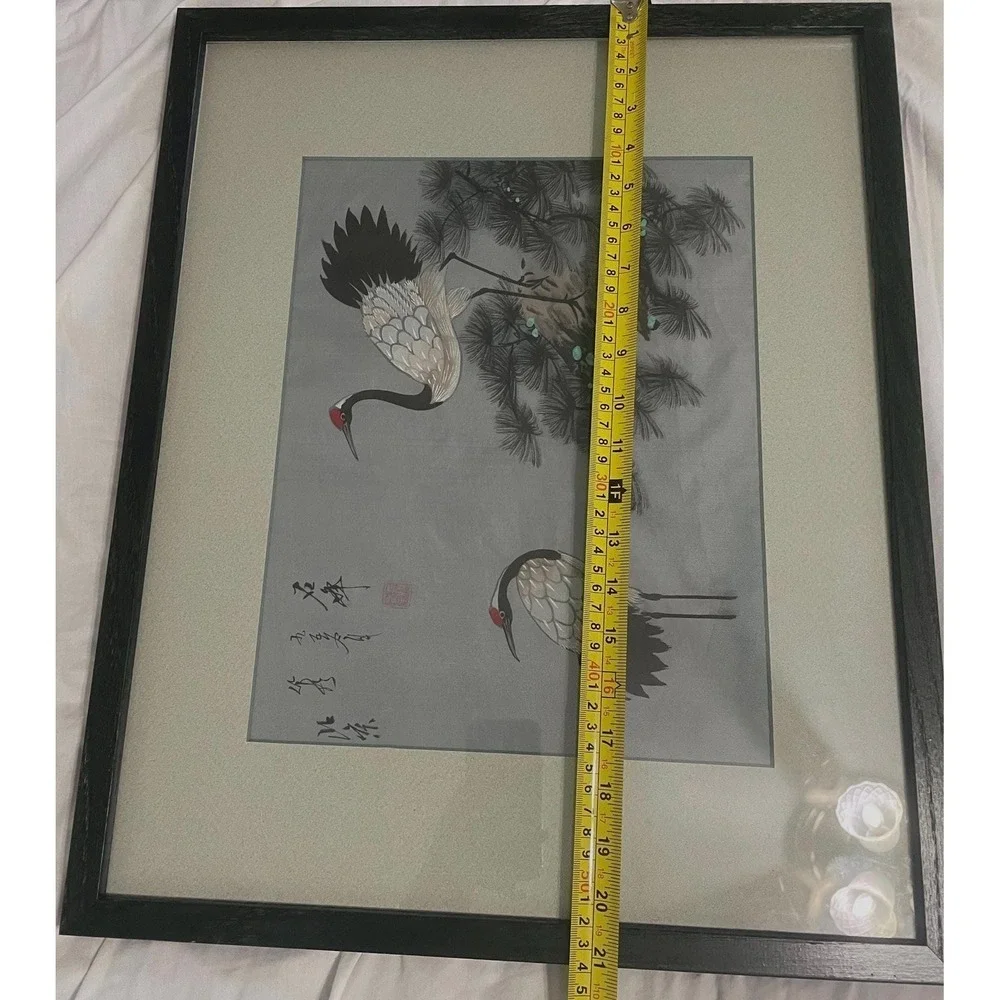 Vintage Japanese Handmade Silk Embroidery Wall Art Framed 2 Birds